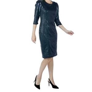 NEW Guillaume Navy Blue Luxe Sequin Dress with Puff Shoulder Size Large (bin 1Z)